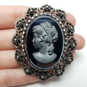 Vintage Cameo Brooch, Black and Gray Color, Filigree Frame Lapel Pin, Estate